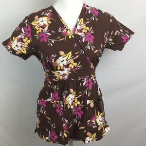 Cherokee Studio Xs Scrub Top Brown Yellow floral